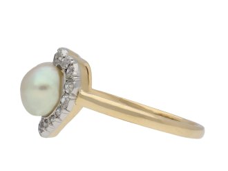 Natural pearl and diamond double heart ring, French, circa 1905. Hatton Garden