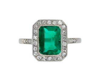 Colombian emerald and diamond coronet cluster ring hatton garden