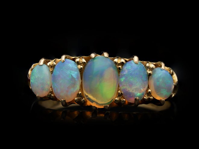 Victorian opal five stone ring, English Hatton Garden