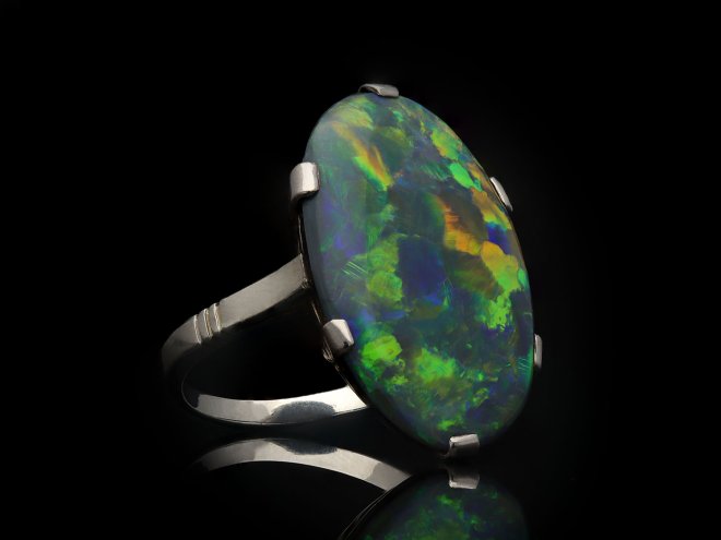 Black opal solitaire ring, circa 1930. Hatton Garden 