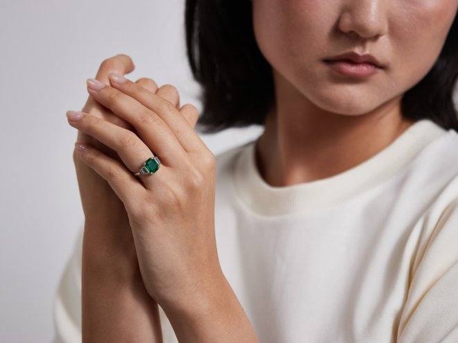 Art Deco Colombian emerald diamond solitaire ring hatton garden