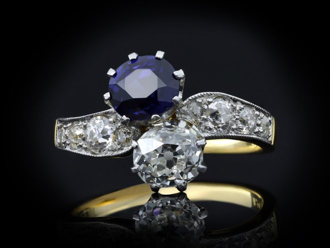 Edwardian Sapphire and Diamond Crossover Ring hatton garden