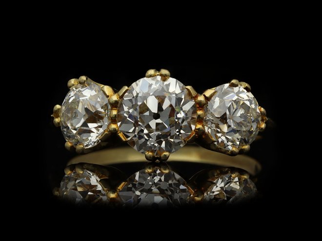 Edwardian diamond three stone ring, circa 1905. Hatton Garden