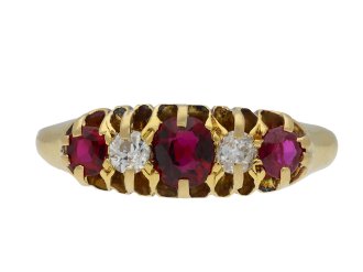 Saunders and Shepherd ruby and diamond five stone ring, English, 1901. Hatton Garden