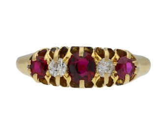 Saunders and Shepherd ruby and diamond five stone ring, English, 1901. Hatton Garden