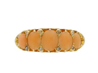 Victorian angel skin coral five stone ring, English, 1871.