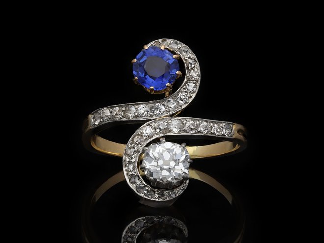 Burmese sapphire and diamond crossover ring, circa 1910. Hatton Garden