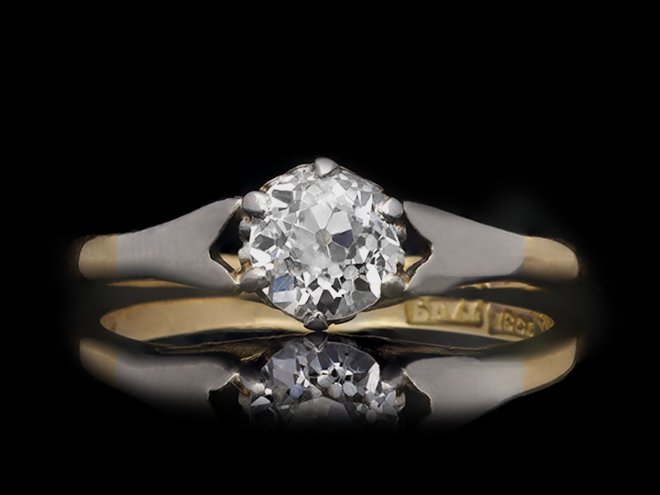 Old mine diamond solitaire ring, circa 1940.  Hatton Garden