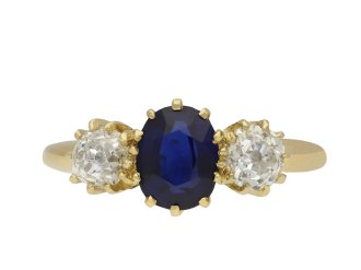 Edwardian sapphire and diamond three stone ring, English, circa 1905.