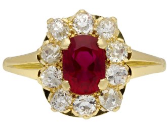 Victorian Burmese ruby and diamond coronet cluster ring, circa 1900.