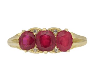 Victorian Burmese ruby and diamond three stone ring, circa 1890. Hatton Garden