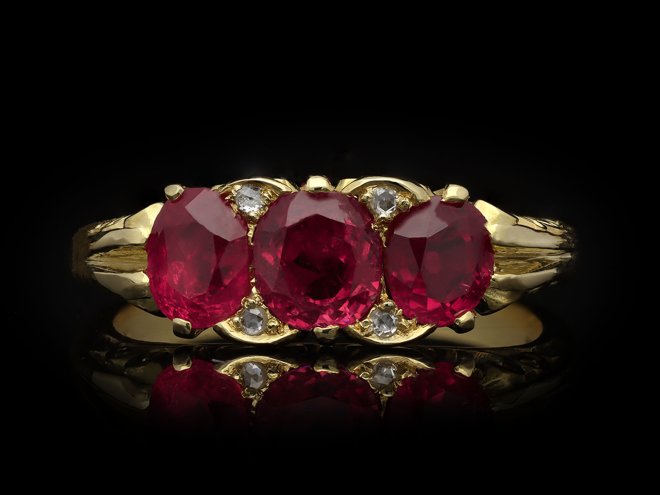 Victorian Burmese ruby and diamond three stone ring, circa 1890. Hatton Garden