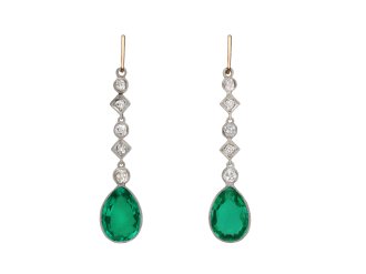 Colombian Emerald and Diamond Drop Earrings, Circa 1910. Hatton Garden