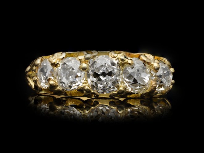 Victorian diamond five stone ring, circa 1900. Hatton Garden