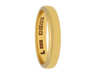 Yellow gold wedding band, English, 1958. Hatton Garden