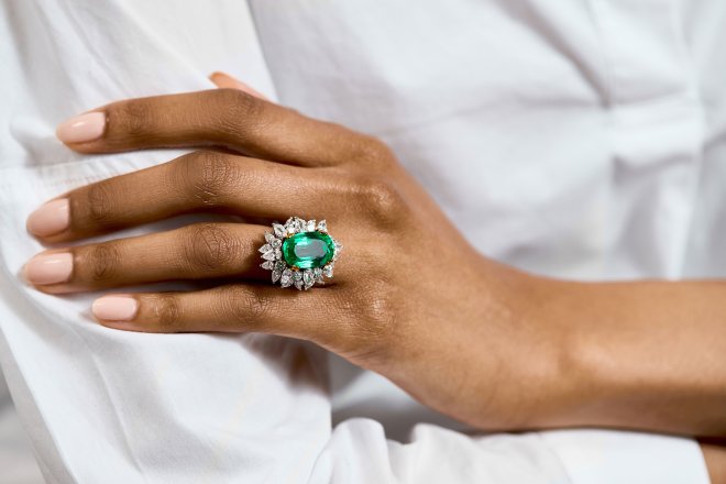 Colombian emerald and diamond cluster ring hatton garden