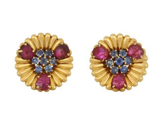 Mellerio sapphire and ruby clip earrings, French hatton garden