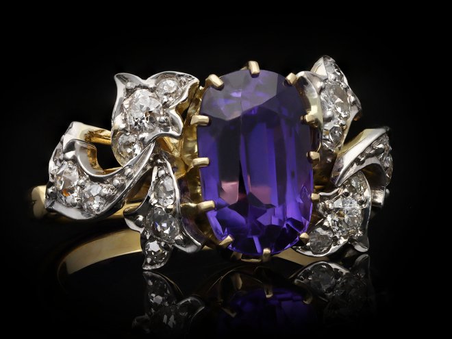 Ceylon sapphire and diamond cluster ring, circa 1910. Hatton Garden