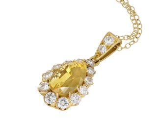 Yellow Ceylon sapphire and diamond pendant hatton garden