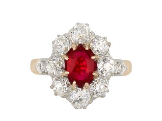 Burmese ruby and diamond coronet cluster ring, circa 1910.