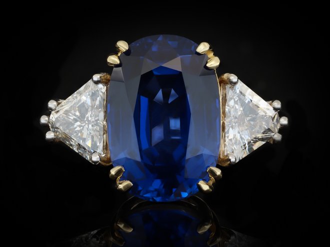 Ceylon sapphire and diamond three stone ring hatton garden