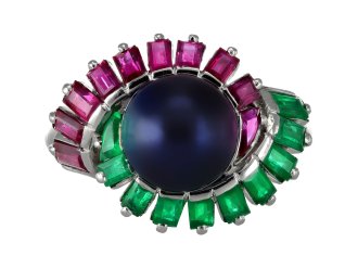 Mauboussin black pearl, ruby and emerald cluster ring, French, 1957.