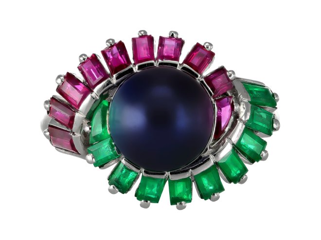 Mauboussin black pearl, ruby and emerald cluster ring