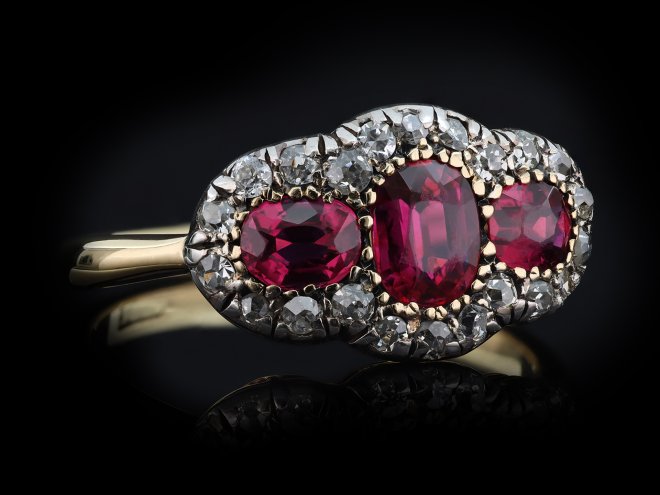 Victorian Ruby and Diamond Cluster Ring hatton garden