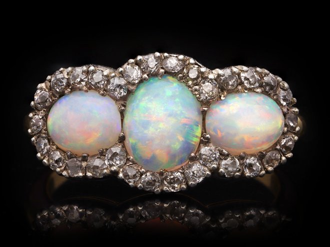 Victorian opal and diamond cluster ring, circa 1890. Hatton Garden