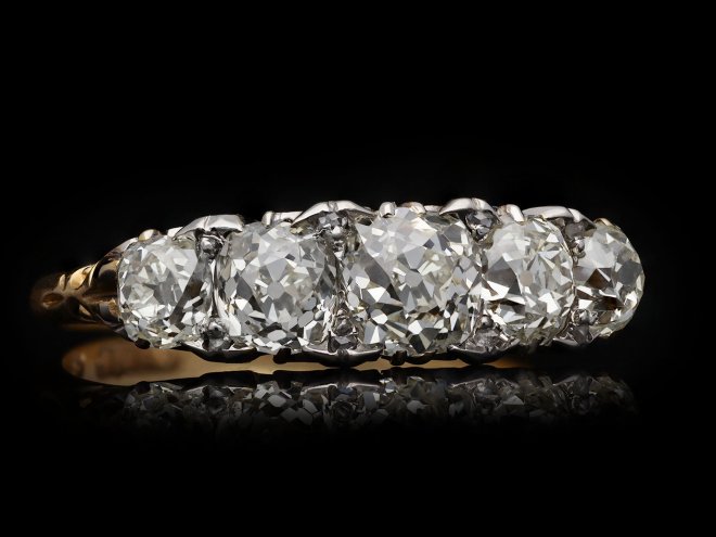 Victorian diamond five stone ring, circa 1900. Hatton Garden