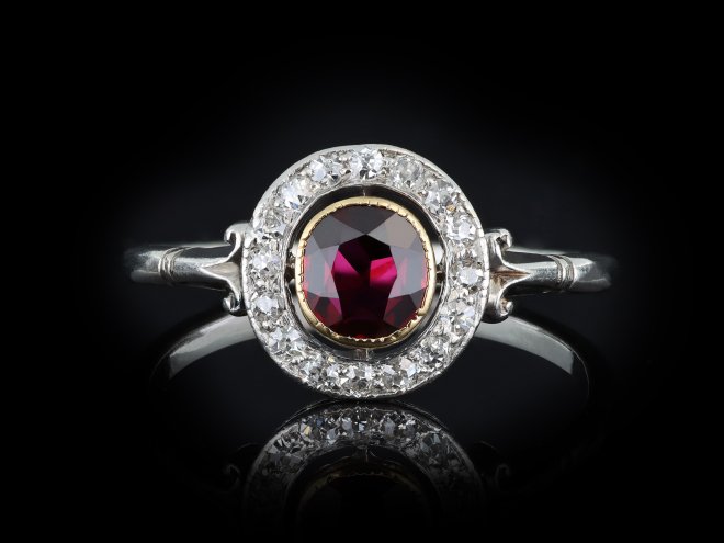 Ruby and diamond coronet cluster ring hatton garden
