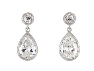 Drop shape old cut diamond earrings, circa 1925 Hatton Garden