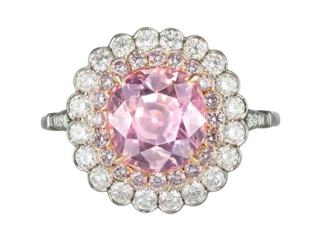 Padparadscha Ceylon sapphire and pink diamond cluster ring.