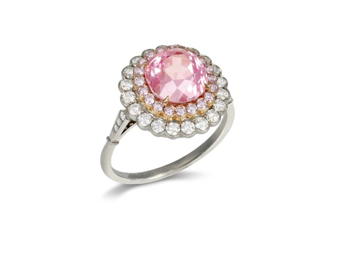 Padparadscha Ceylon sapphire and pink diamond cluster ring.