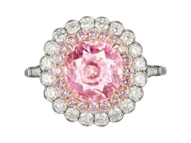 Padparadscha Ceylon sapphire and pink diamond cluster ring.