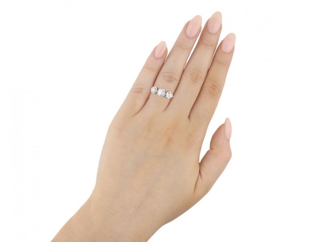 Edwardian diamond three stone ring, circa 1910. Hatton Garden