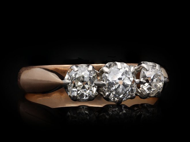 Edwardian diamond three stone ring, circa 1910. Hatton Garden