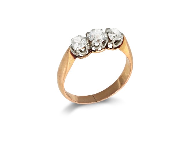 Old mine diamond three stone ring, circa 1910.