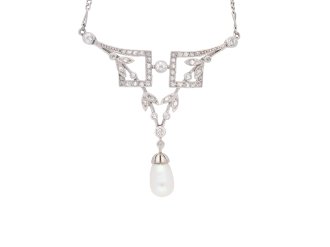 Natural pearl and diamond necklace, French, circa 1915. Hatton Garden