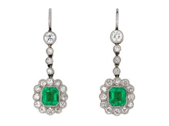 Colombian emerald diamond drop earrings, circa 1915 hatton garden