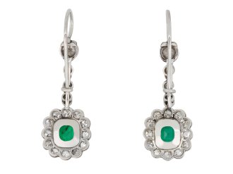 Colombian emerald diamond drop earrings, circa 1915 hatton garden