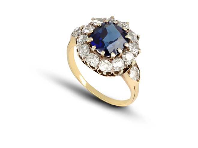 Sapphire and diamond coronet cluster ring, circa 1900.