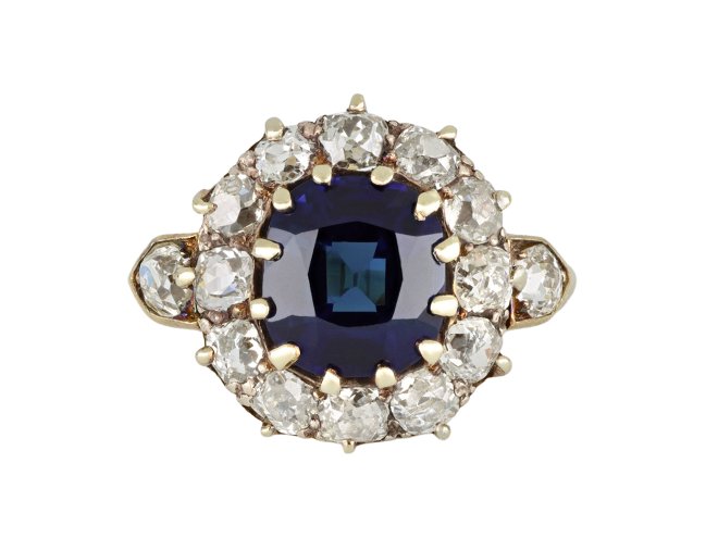 Sapphire and diamond coronet cluster ring, circa 1900.