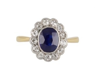 Edwardian sapphire and diamond coronet cluster ring, circa 1910.