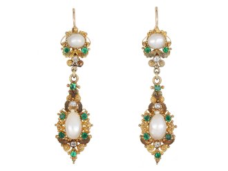 Georgian pearl, emerald and diamond drop earrings hatton garden