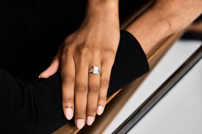 Art Deco step cut diamond flanked solitaire ring hatton garden