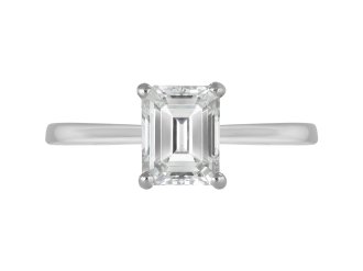 Emerald cut diamond solitaire ring, circa 1950.