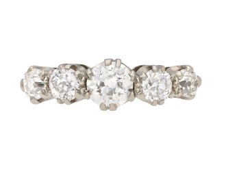 Edwardian diamond five stone ring, English, circa 1910. Hatton Garden
