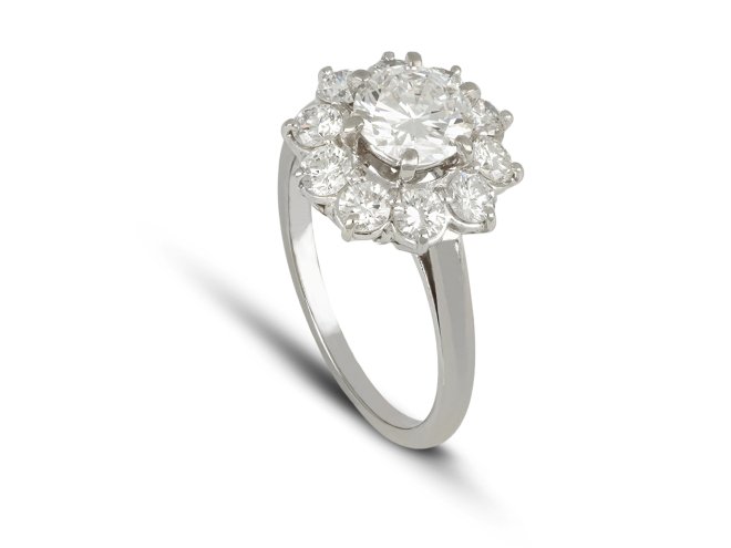 Diamond coronet cluster ring, French, circa 1940.