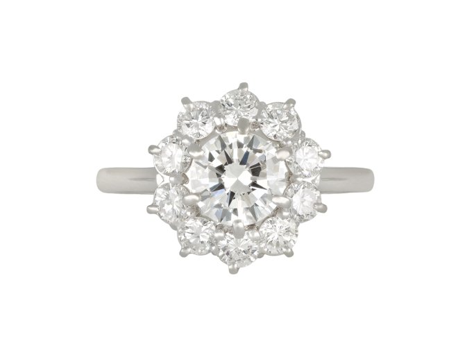 Diamond coronet cluster ring, French, circa 1940.